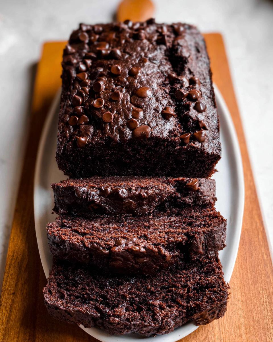 A rich, dark loaf of Double Chocolate Banana Bread, partially sliced, topped with chocolate chips.