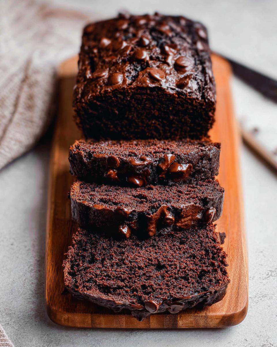 A loaf of rich, dark Double Chocolate Banana Bread, partially sliced on a wooden board, topped with melted chocolate chips.