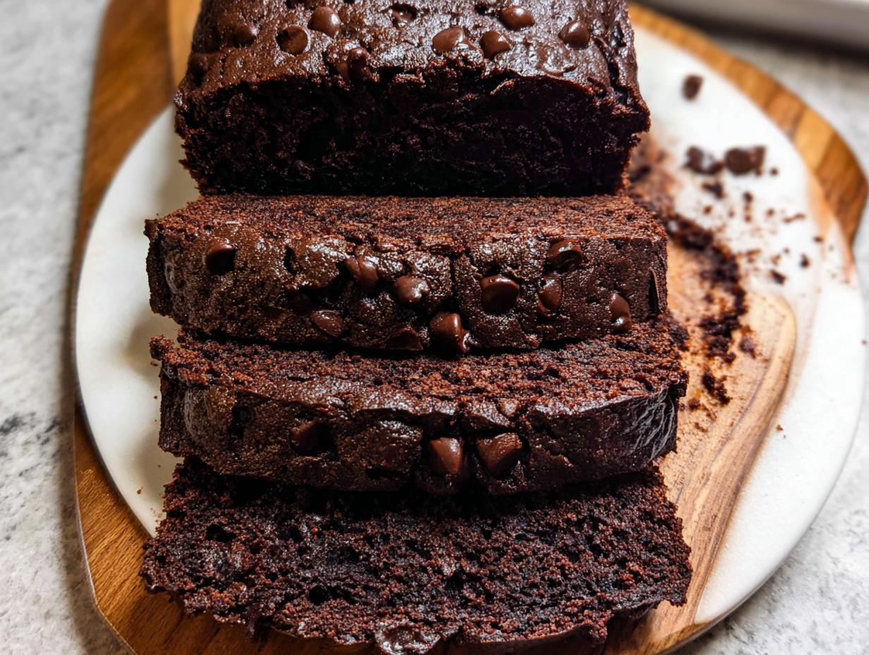 Close-up of stacked slices of moist Double Chocolate Banana Bread topped with chocolate chips.