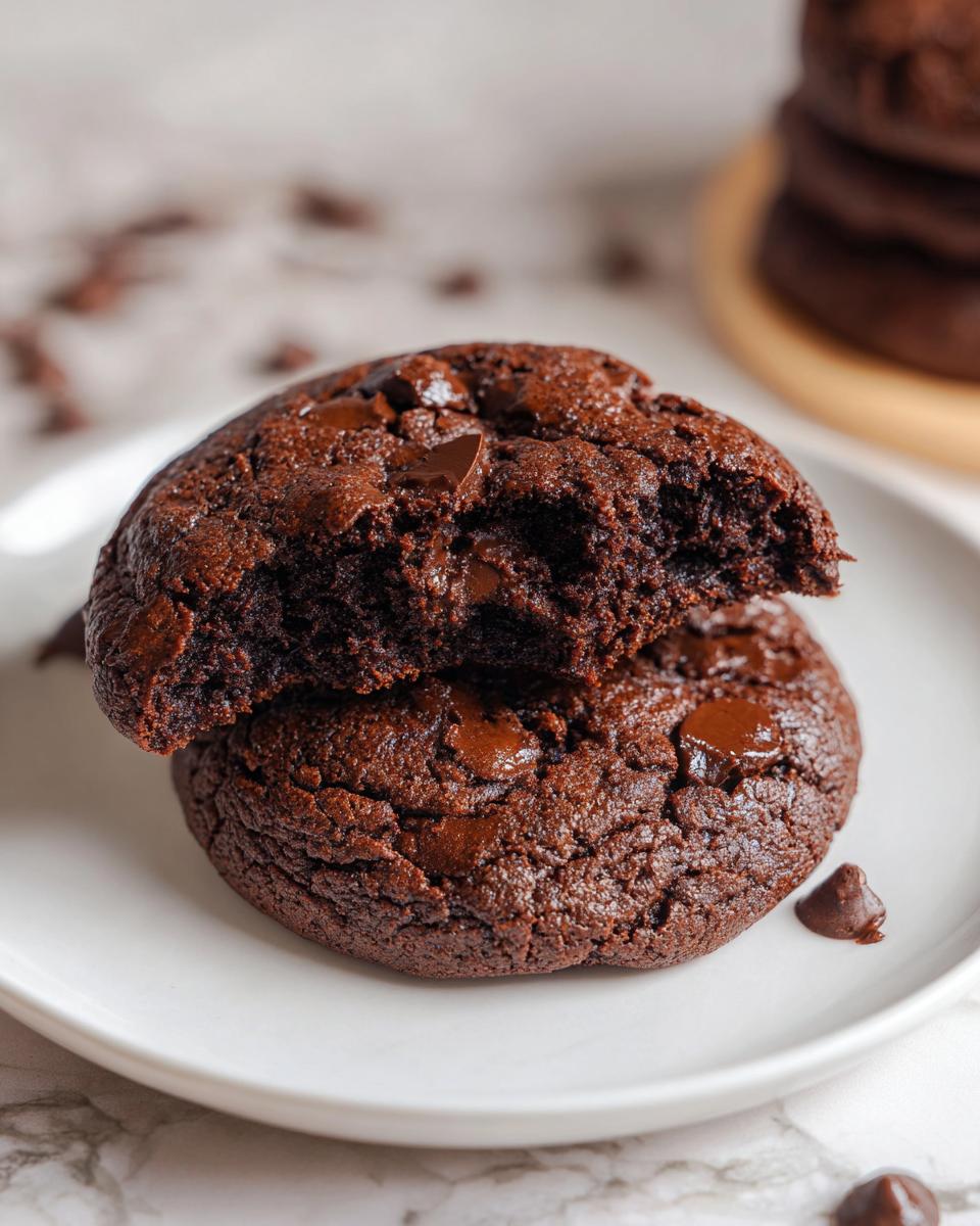 Two rich, dark Double Chocolate Cookies stacked, one broken open to show the fudgy, melted chocolate chip interior.