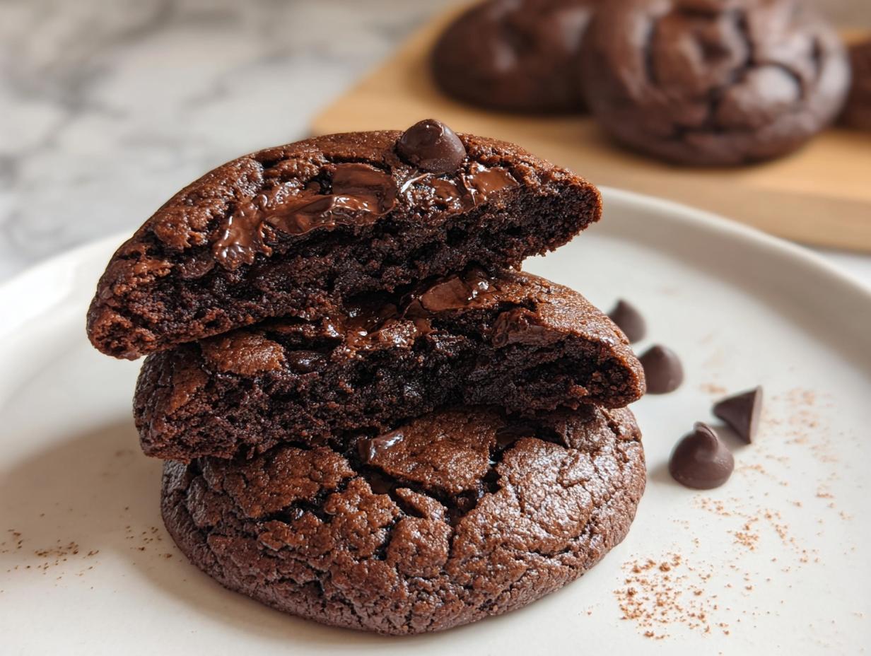 A stack of two fudgy Double Chocolate Cookies, with the top one broken open to show the gooey, melted chocolate chips inside.