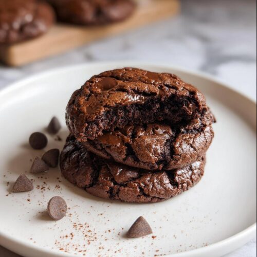 Two rich, fudgy Double Chocolate Cookies stacked, with the top one broken open to show the melted chocolate interior.