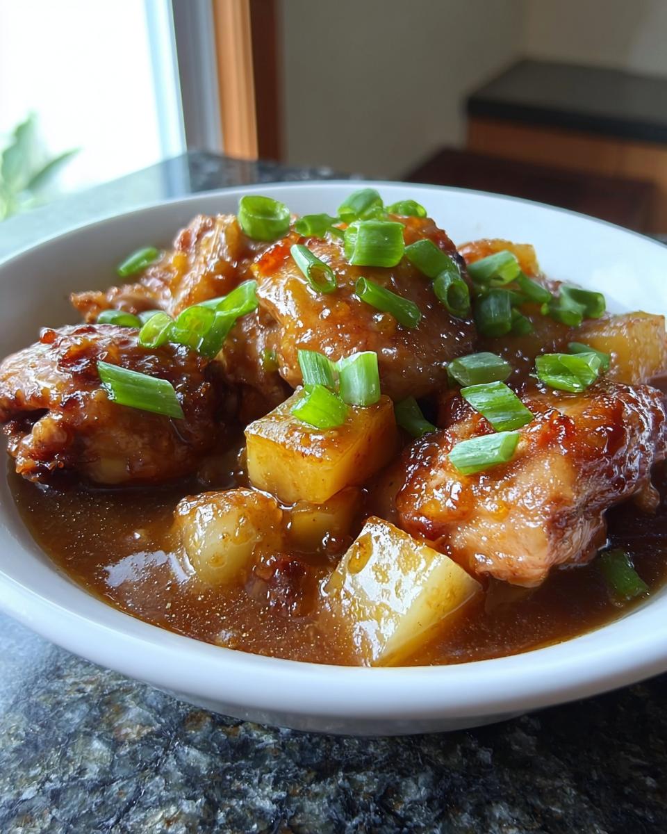 Close-up of a white bowl filled with saucy Dump and Go Asian Chicken Dinner pieces and pineapple chunks, topped with green onions.