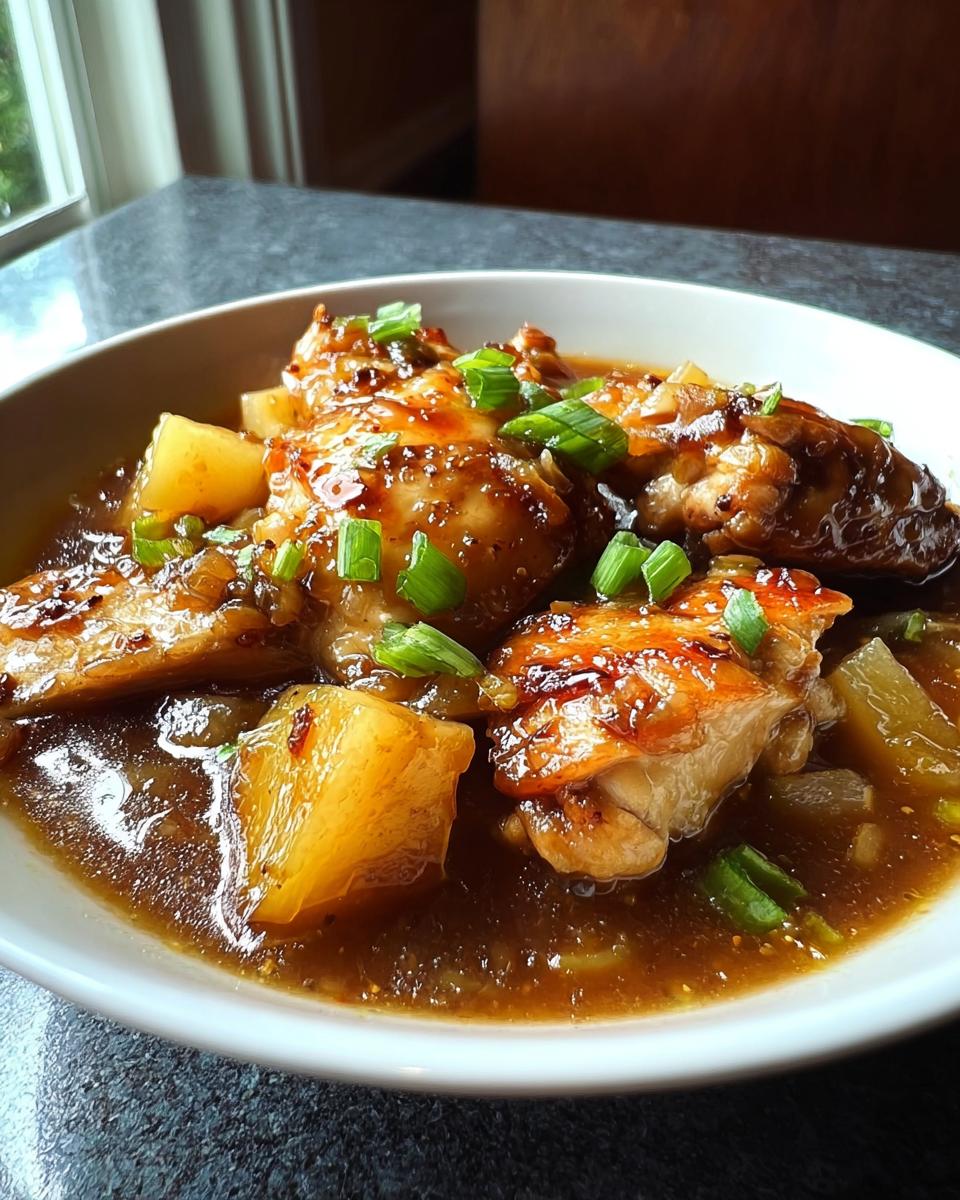 Close-up of a white bowl filled with saucy Dump and Go Asian Chicken Dinner pieces and chunks of pineapple.