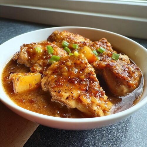 Close-up of saucy chicken pieces and potatoes in a white bowl, part of a Dump and Go Asian Chicken Dinner.