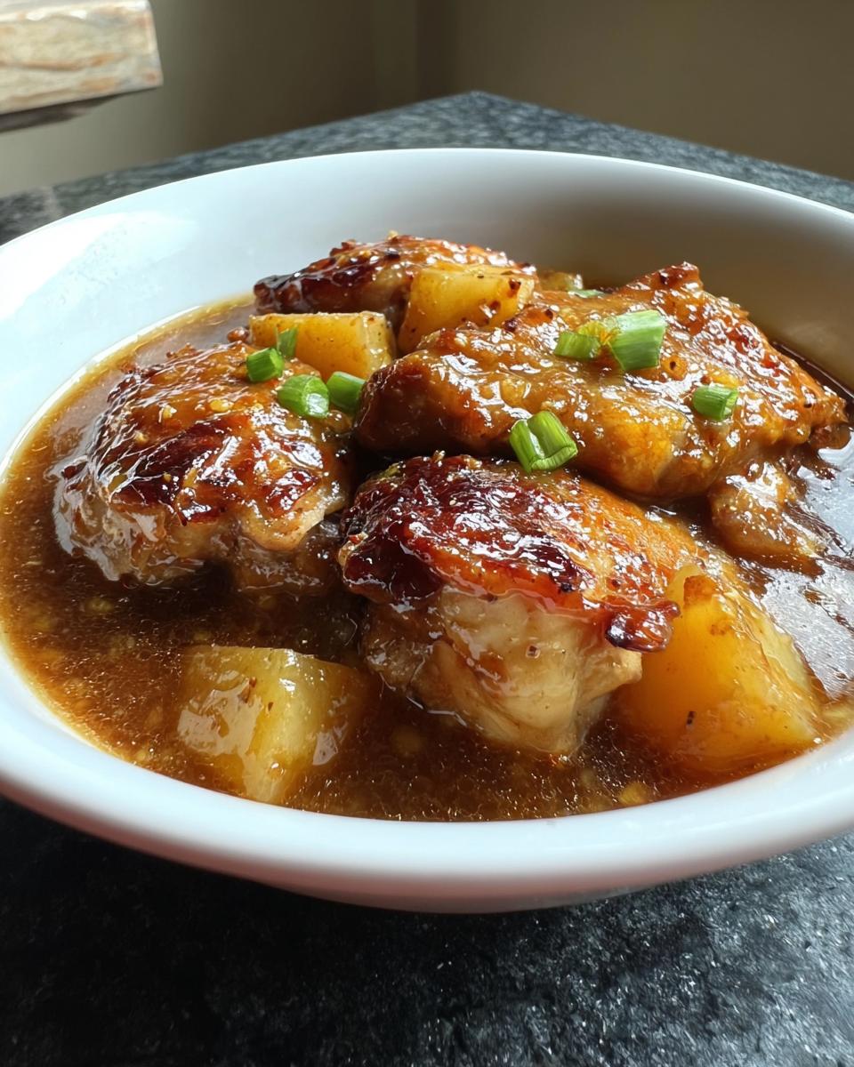 Close-up of glazed chicken pieces and pineapple chunks in a rich sauce, part of a Dump and Go Asian Chicken Dinner.