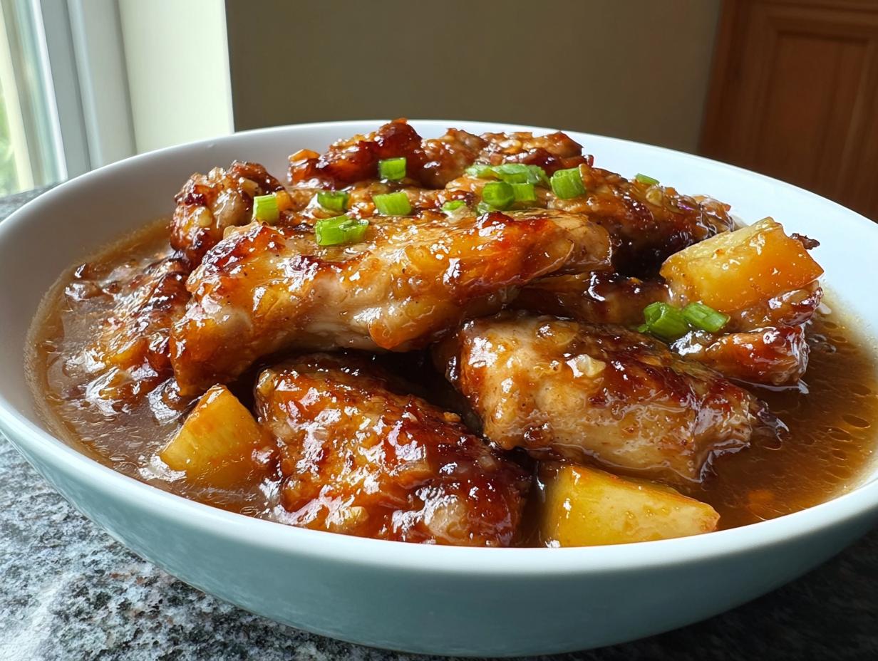 Close-up of glazed chicken pieces with pineapple chunks in a savory sauce, garnished with green onions, ready for a Dump and Go Asian Chicken Dinner.
