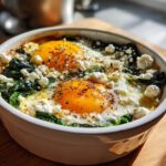 Close-up of an Easy Brunch Recipe with Eggs and Feta baked in a white ramekin with spinach.