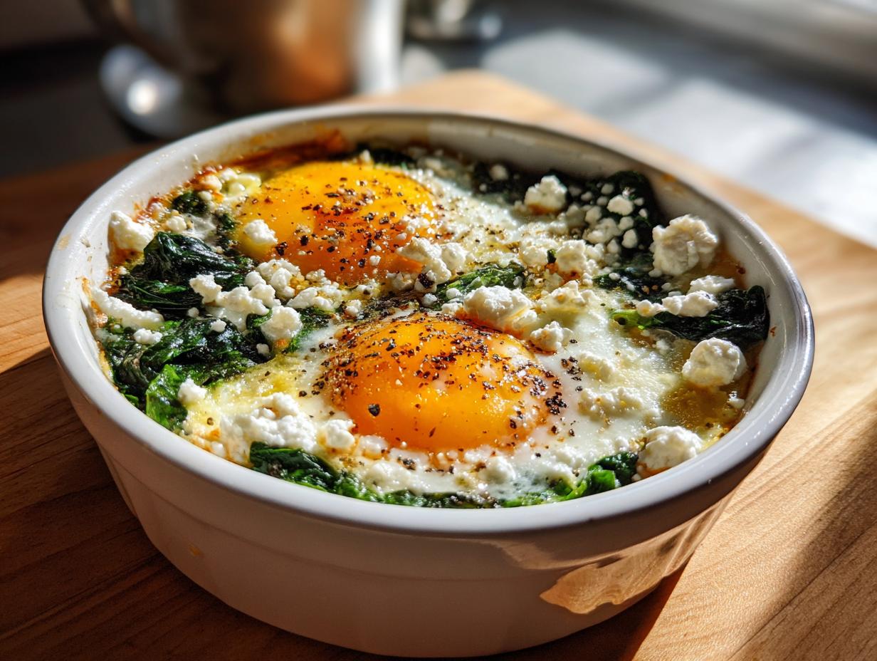 Close-up of an Easy Brunch Recipe with Eggs and Feta baked in a white ramekin with spinach.