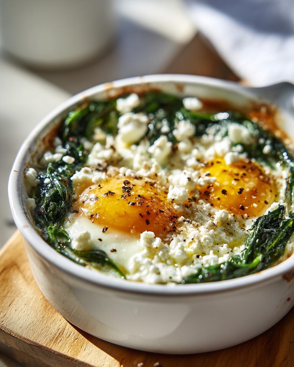 Close-up of baked eggs with spinach and crumbled feta cheese, seasoned with pepper, perfect for an Easy Brunch Recipe with Eggs and Feta.