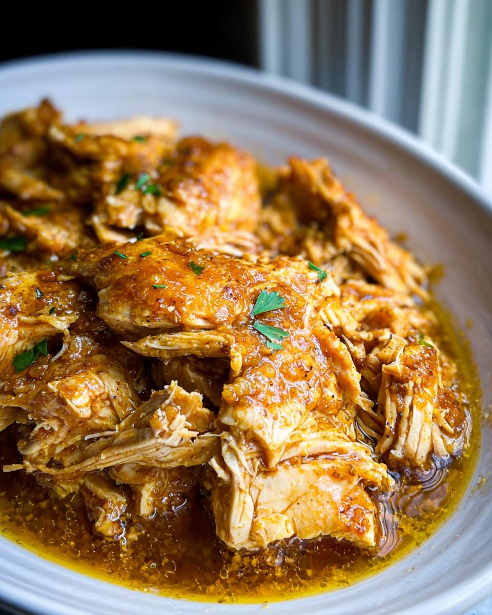 Close-up of tender, shredded chicken coated in a rich, savory sauce from the Easy Garlic Chicken Crockpot Recipe.