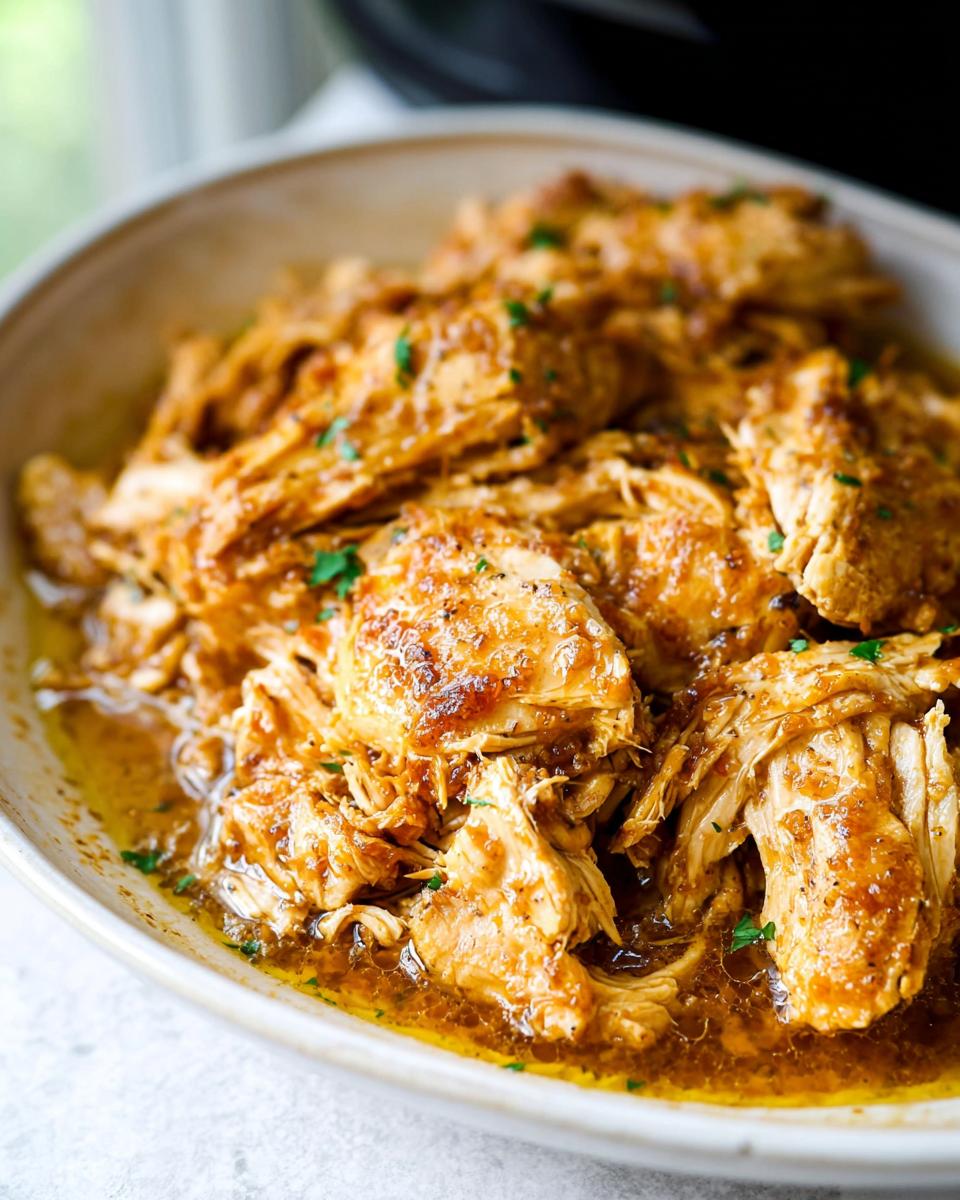 Close-up of tender, shredded chicken coated in a savory sauce from the Easy Garlic Chicken Crockpot Recipe.