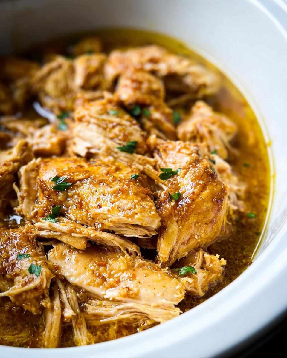 Close-up of tender, shredded chicken coated in a savory sauce in a white crockpot, part of the Easy Garlic Chicken Crockpot Recipe.