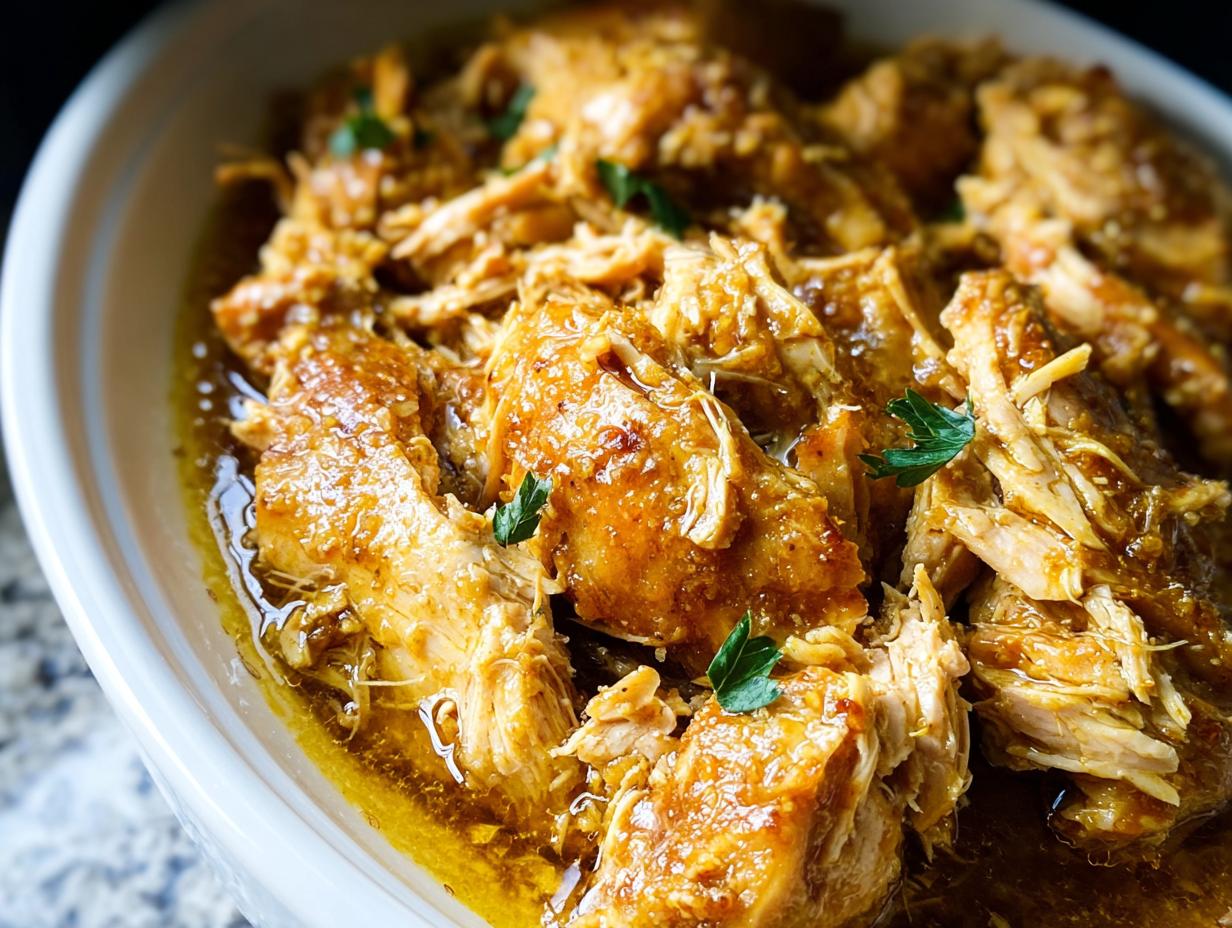Close-up of tender, shredded chicken coated in a savory sauce from the Easy Garlic Chicken Crockpot Recipe, garnished with parsley.