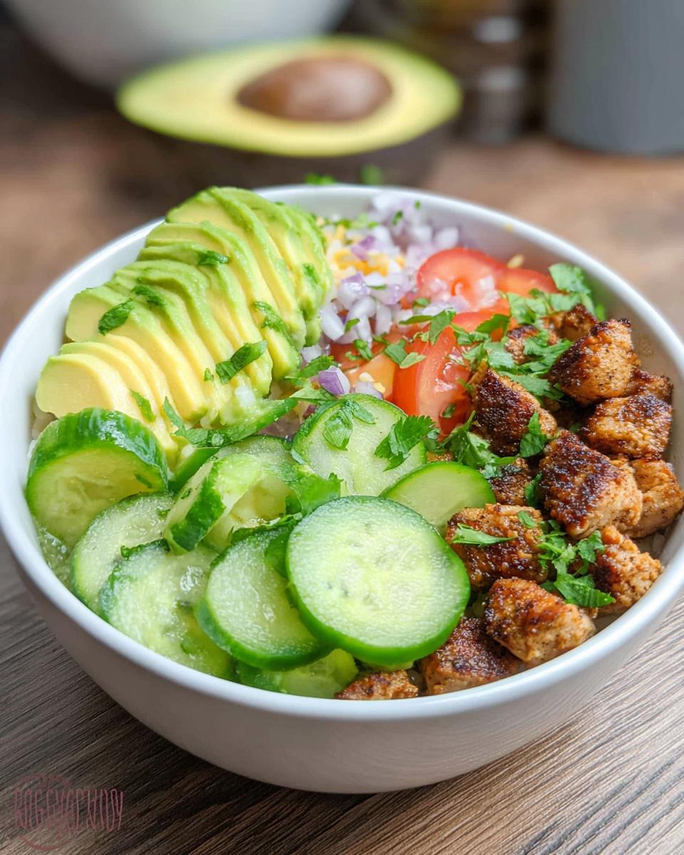 A vibrant bowl featuring seasoned chicken, sliced avocado, cucumbers, tomatoes, and onions—a perfect Easy Keto Lunch Idea.