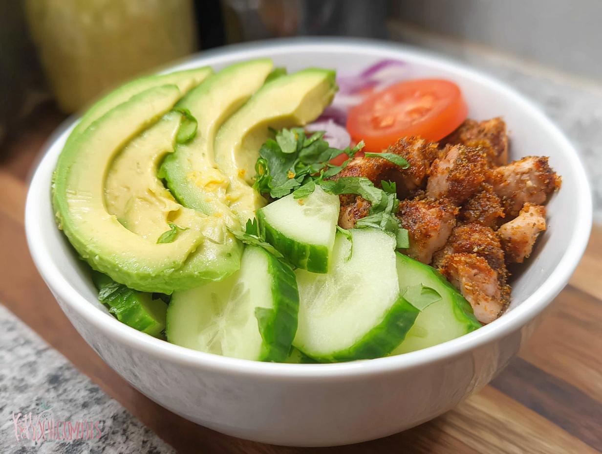Close-up of an Easy Keto Lunch Idea bowl featuring seasoned chicken, sliced avocado, cucumber, and tomato.
