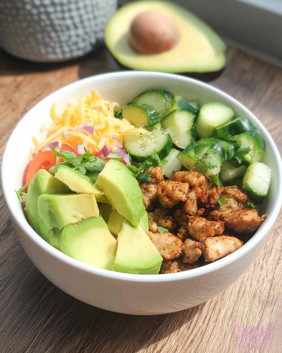 A vibrant bowl featuring seasoned chicken, avocado, cucumber, cheese, and onion, perfect as an Easy Keto Lunch Idea.