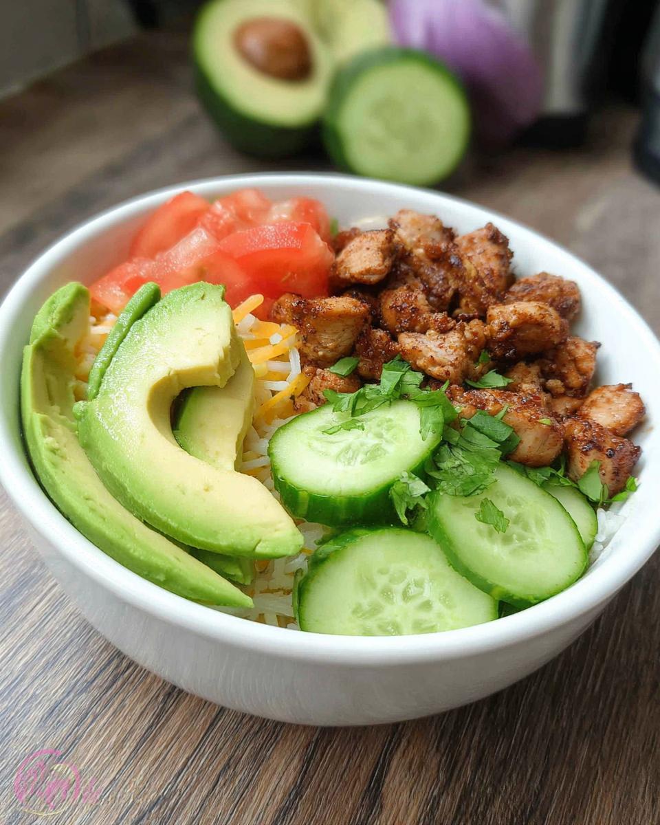 A vibrant bowl featuring seasoned chicken, avocado slices, cucumber, and tomato, perfect as an Easy Keto Lunch Idea.