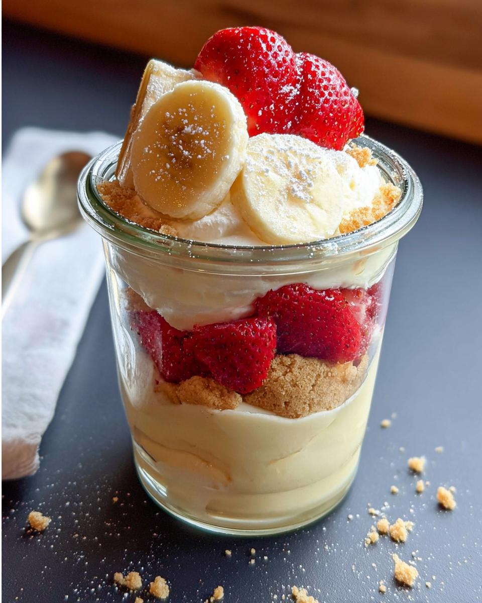 Close-up of Easy Strawberry Banana Pudding layered in a glass jar, topped with fresh strawberries and banana slices.