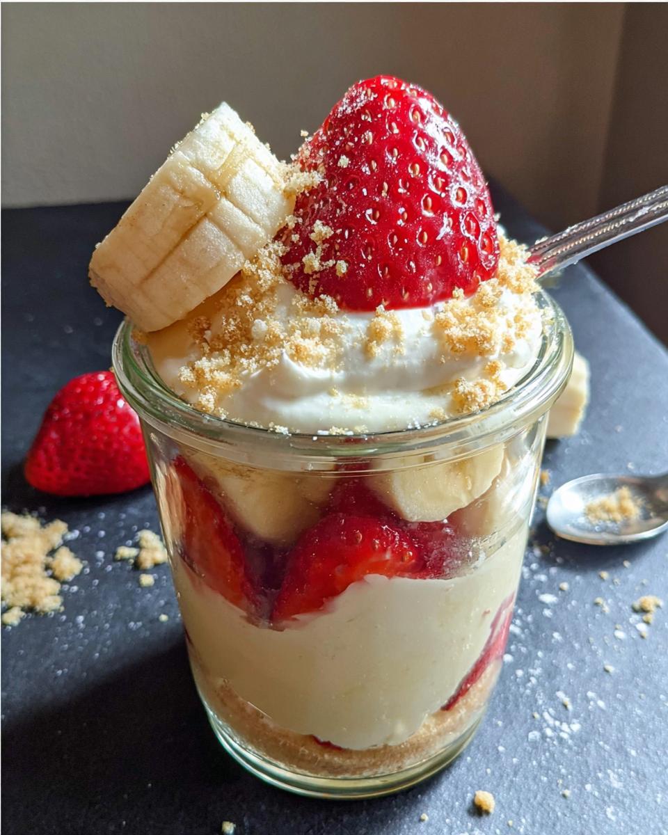 Close-up of Easy Strawberry Banana Pudding layered in a glass jar, topped with whipped cream, a strawberry, and banana slice.