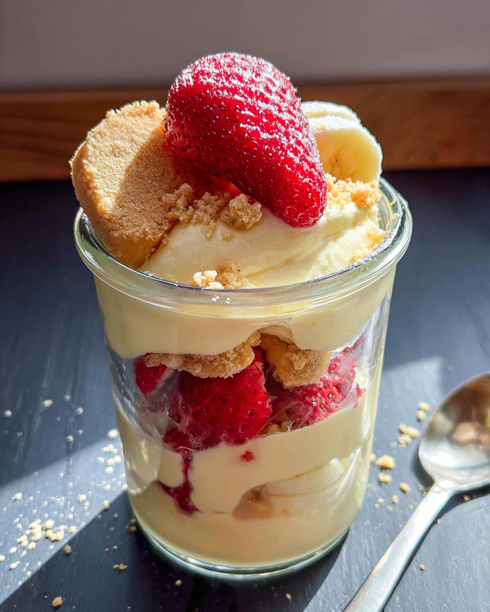 Close-up of Easy Strawberry Banana Pudding layered in a glass jar with a whole strawberry on top.