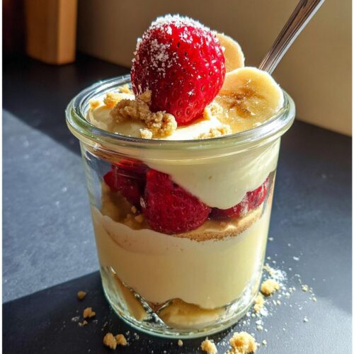 Close-up of Easy Strawberry Banana Pudding layered in a glass jar, topped with a whole strawberry.