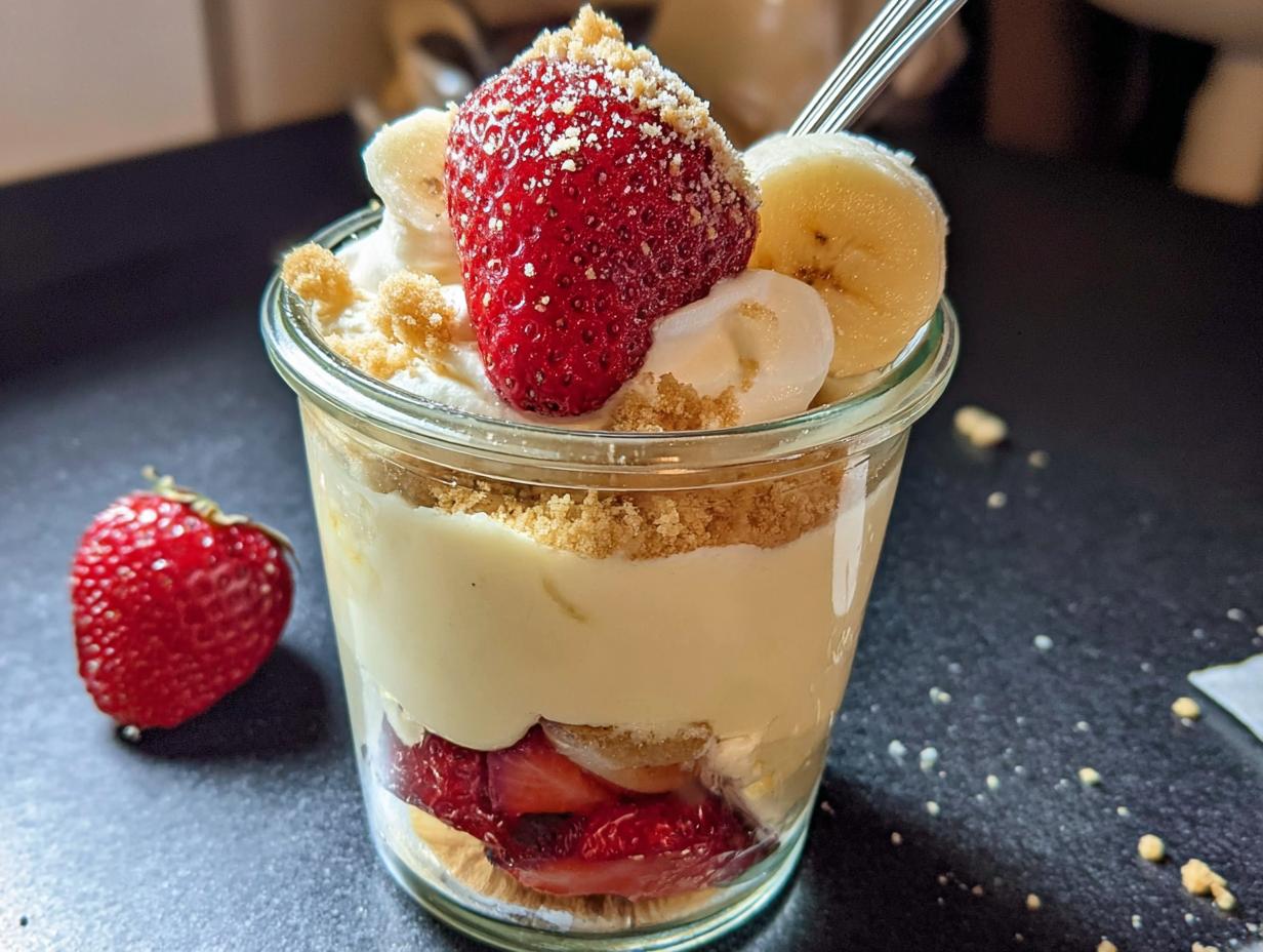Close-up of an Easy Strawberry Banana Pudding layered in a small glass jar, topped with a whole strawberry and banana slices.