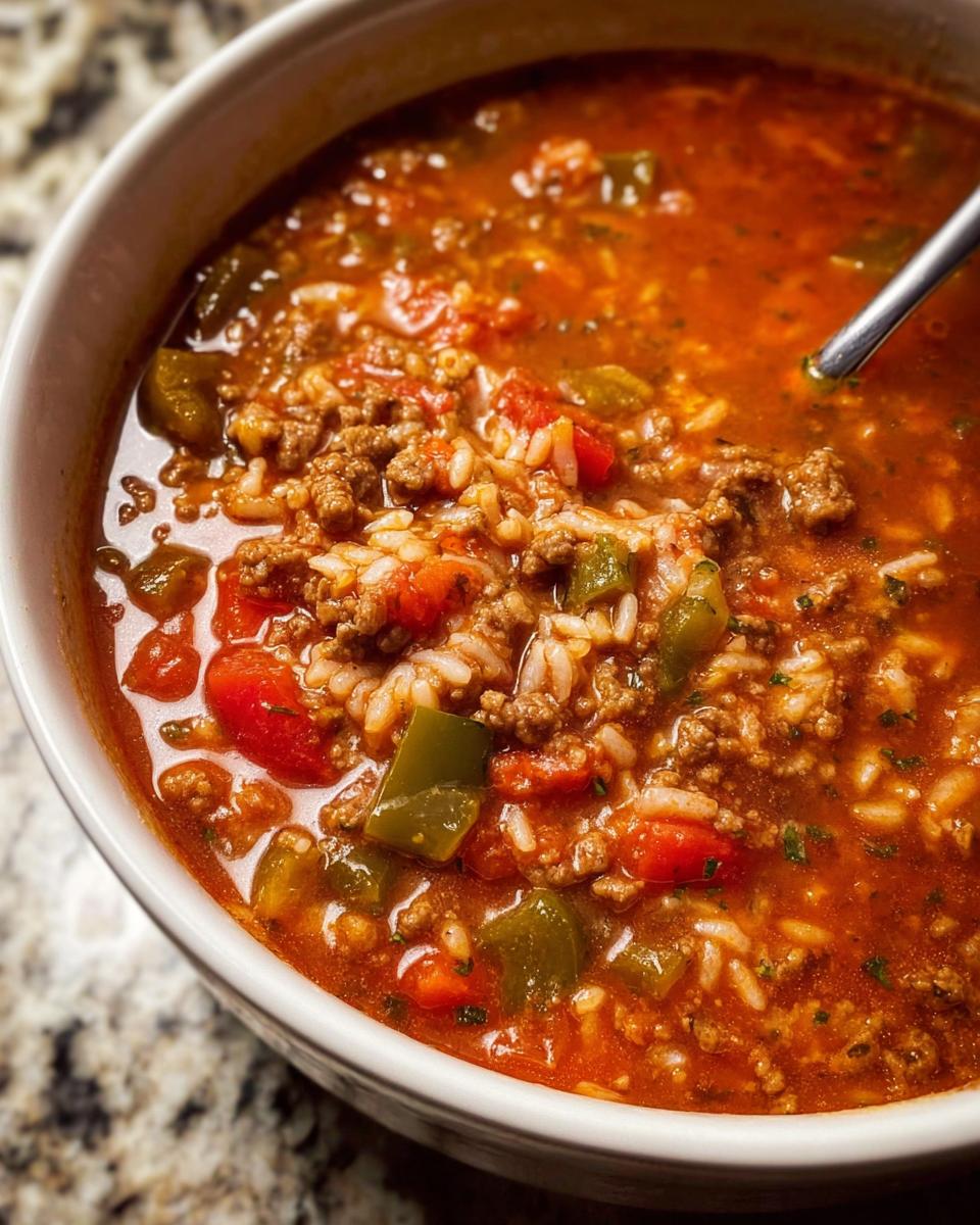 Close-up of a white bowl filled with Easy Stuffed Pepper Soup featuring ground beef, rice, tomatoes, and green peppers.