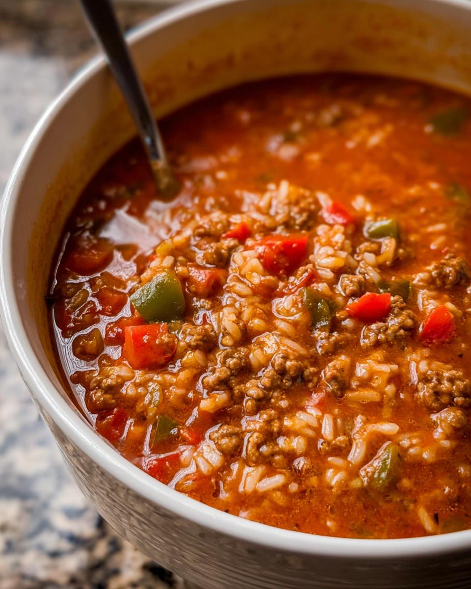 Close-up of a white bowl filled with Easy Stuffed Pepper Soup, showing ground meat, rice, and diced peppers in a rich tomato broth.