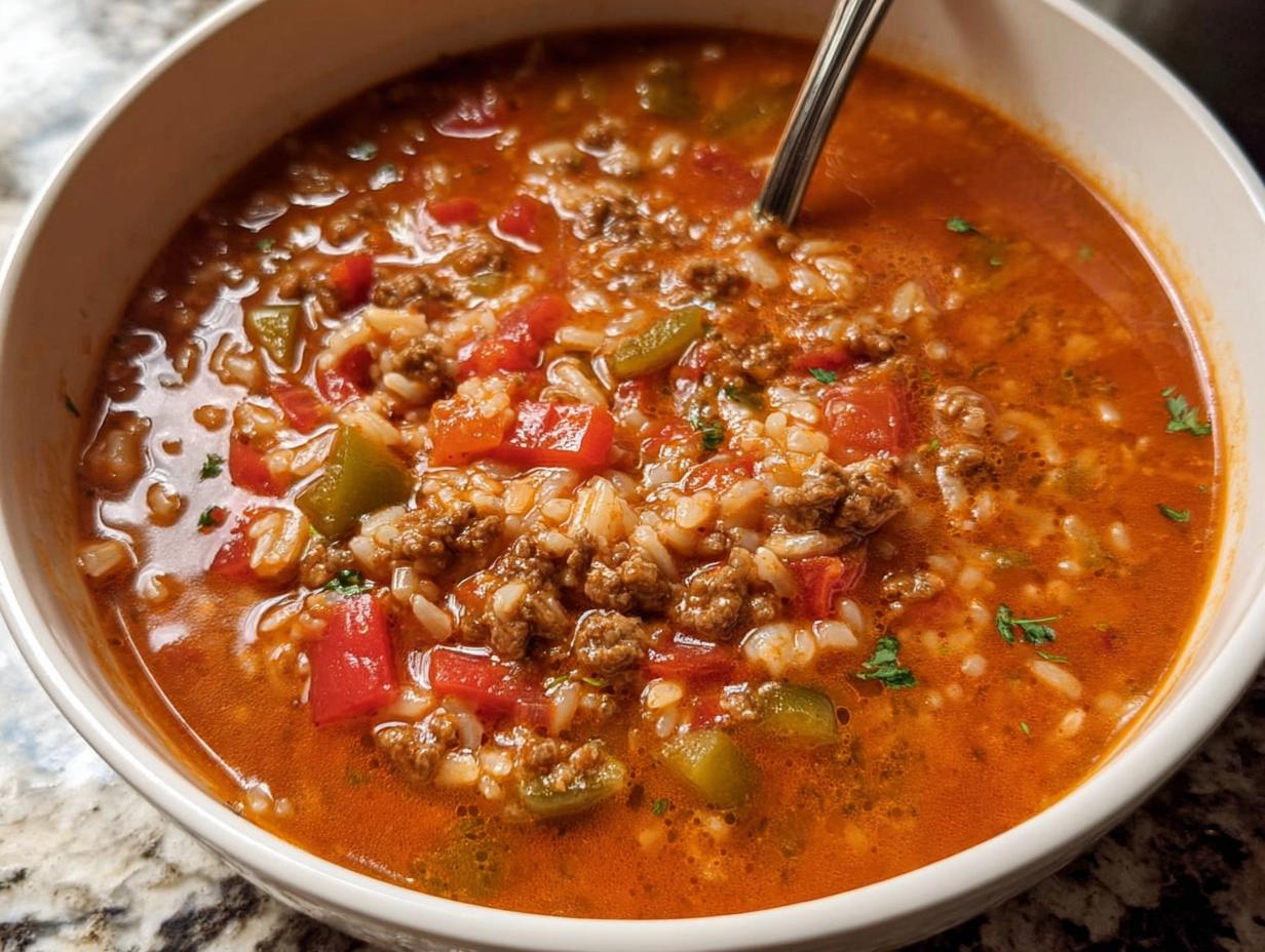 Close-up of a white bowl filled with Easy Stuffed Pepper Soup featuring ground beef, rice, tomatoes, and green peppers.