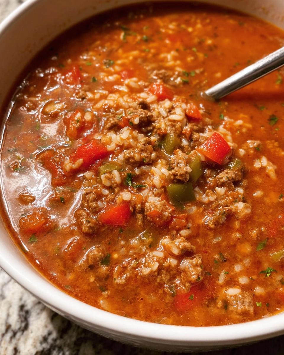 Close-up of a white bowl filled with Easy Stuffed Pepper Soup featuring ground meat, rice, and chunks of red and green peppers.