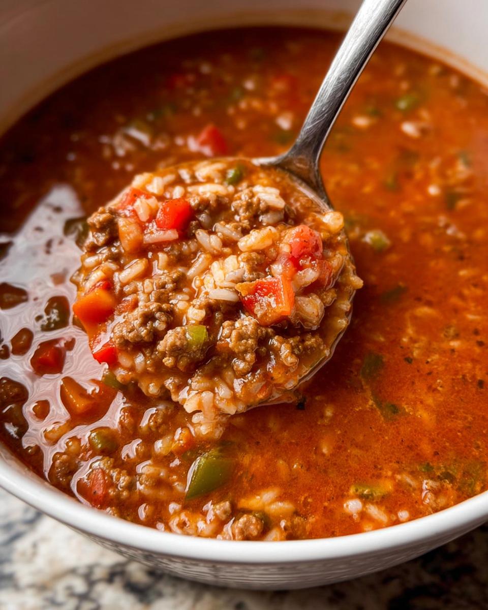 A spoonful of hearty Easy Stuffed Pepper Soup showing ground meat, rice, and diced peppers in a rich tomato broth.