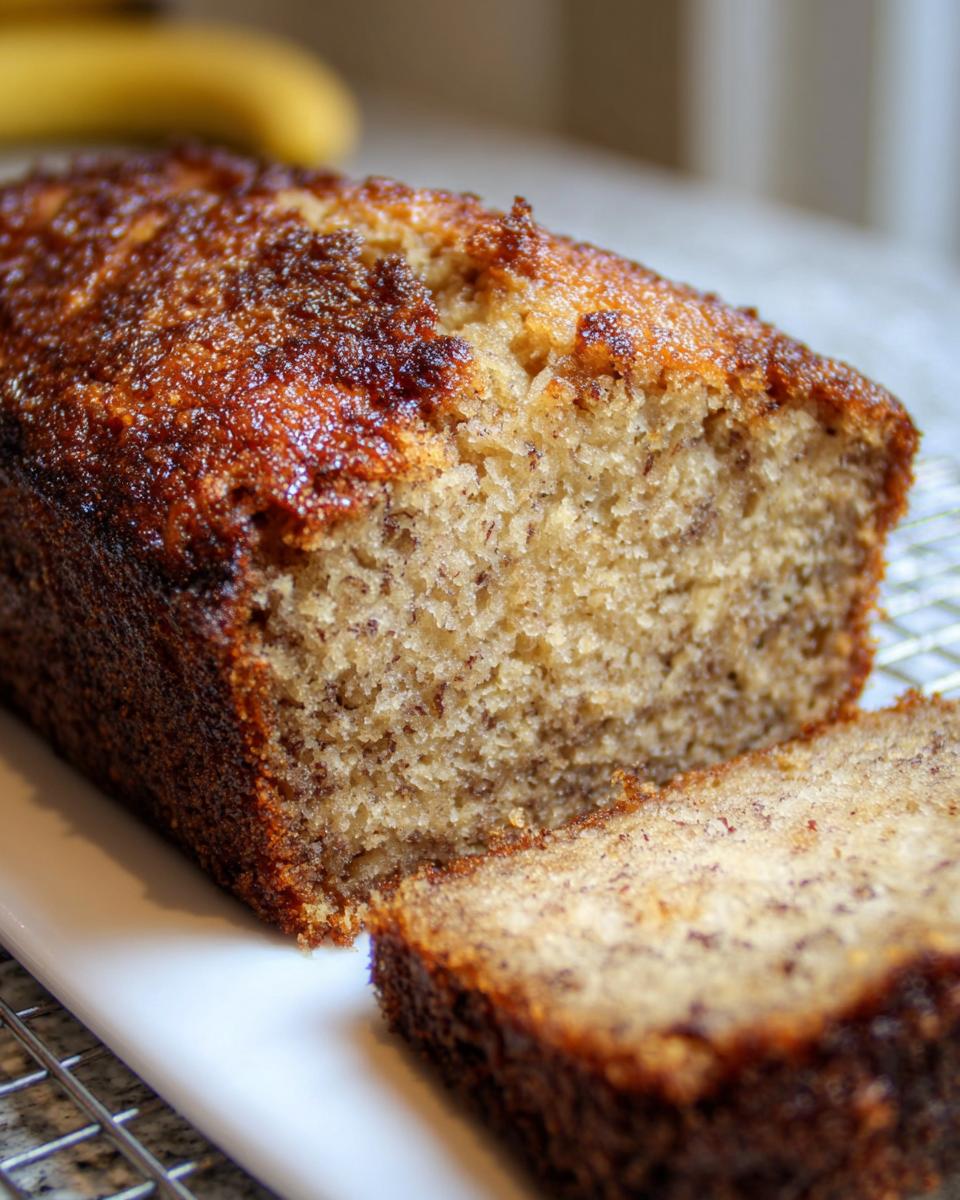 A close-up view of a freshly baked loaf of Extra Moist Banana Bread, with one slice cut and resting beside it.