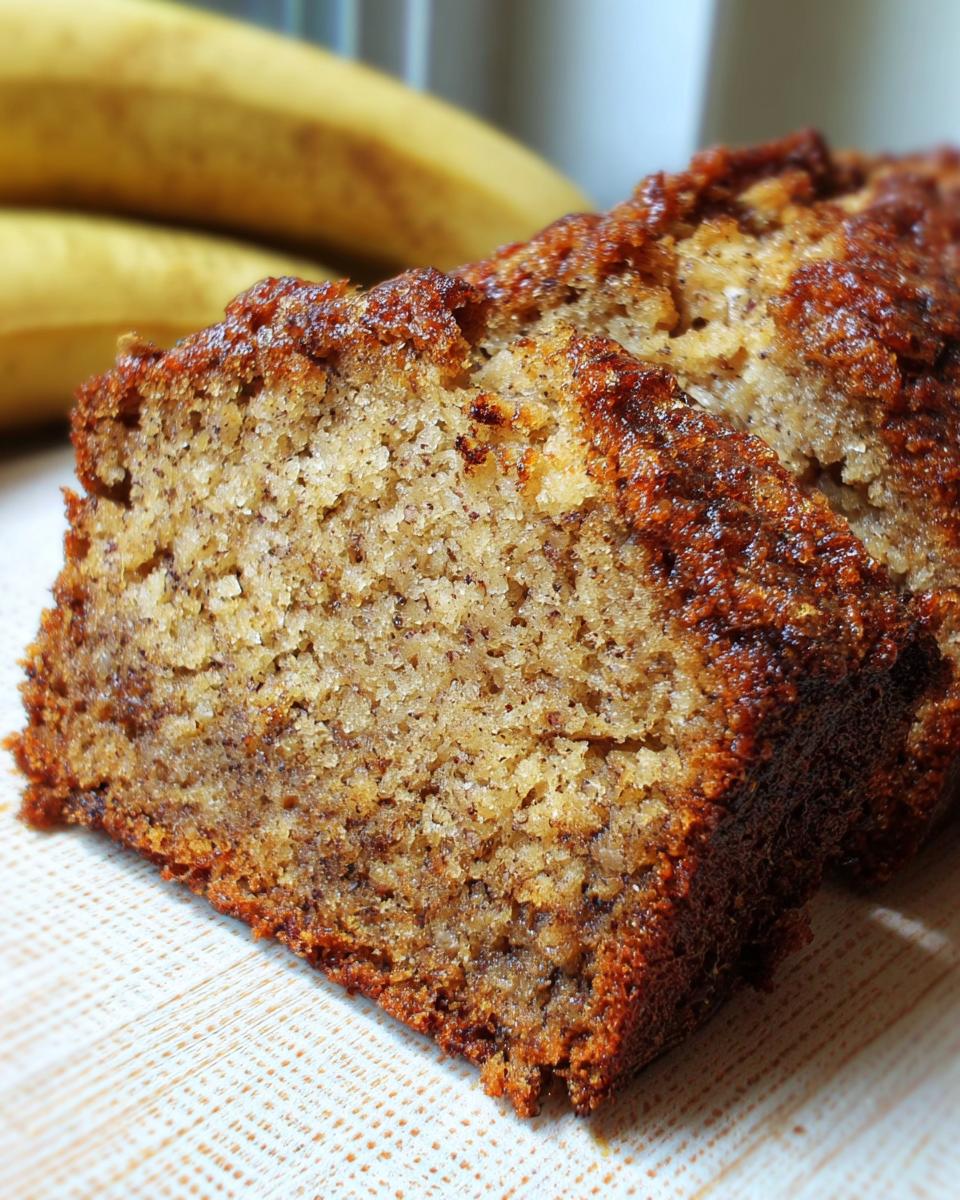 Close-up of a thick slice of Extra Moist Banana Bread showing its moist texture and dark, caramelized crust.