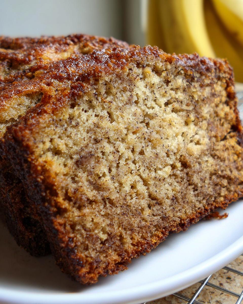 Close-up of a thick slice showing the dense, moist crumb of Extra Moist Banana Bread with visible banana flecks.