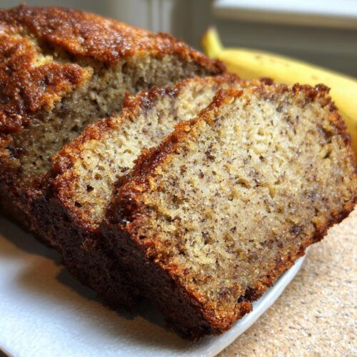 Close-up of three thick slices of Extra Moist Banana Bread showing a tender, speckled crumb and dark, caramelized crust.