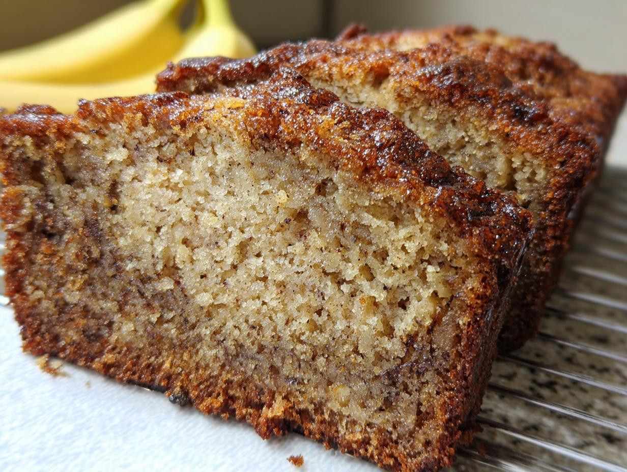 Close-up view showing the texture of slices of Extra Moist Banana Bread cooling on a wire rack, with bananas blurred in the background.
