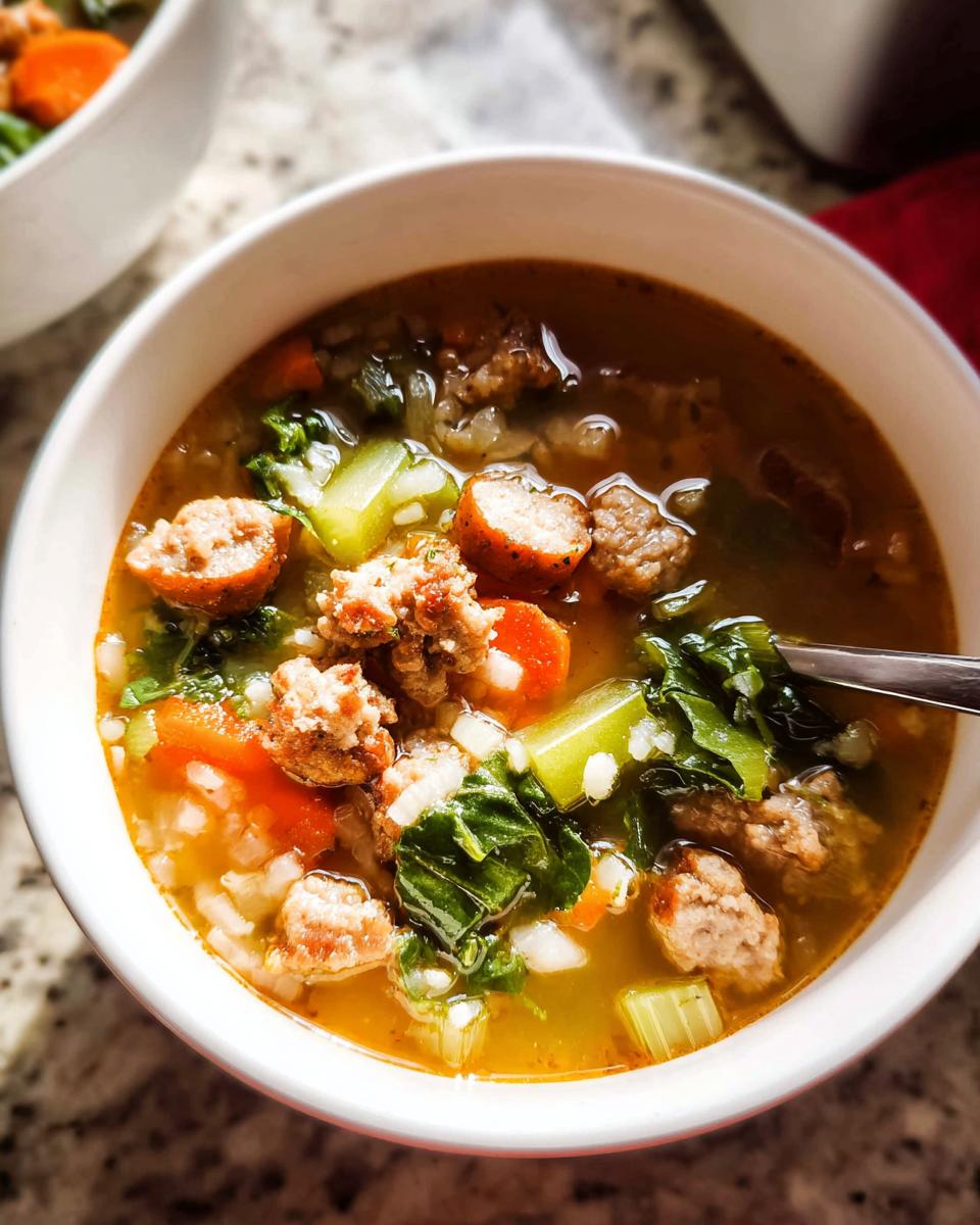 Close-up of a bowl of Fall Sausage Soup Recipe with sausage chunks, rice, carrots, and greens in broth.