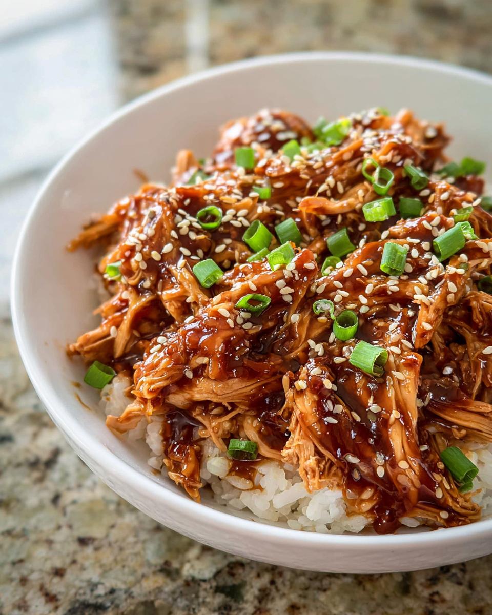 Close-up of shredded Family-Friendly Crockpot Teriyaki Chicken glazed in sauce, topped with sesame seeds and green onions, served over white rice.