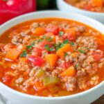 Close-up of a white bowl filled with hearty Family Pepper Soup Recipe, featuring ground meat, rice, carrots, and peppers in a rich tomato broth.