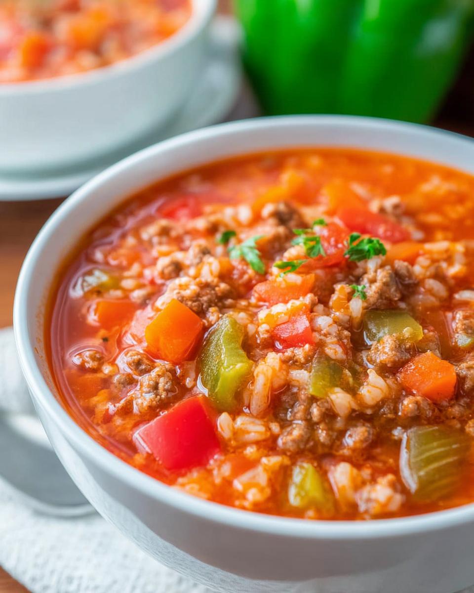 Close-up of a hearty bowl of Family Pepper Soup Recipe with ground meat, rice, and colorful diced peppers.