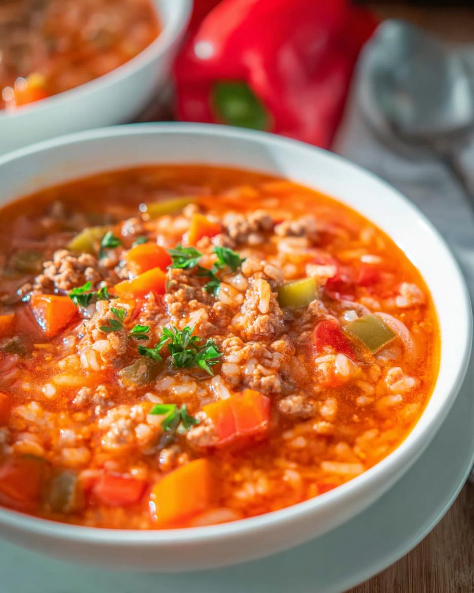 Close-up of a white bowl filled with Family Pepper Soup Recipe, featuring ground meat, rice, and chunks of red and green peppers.