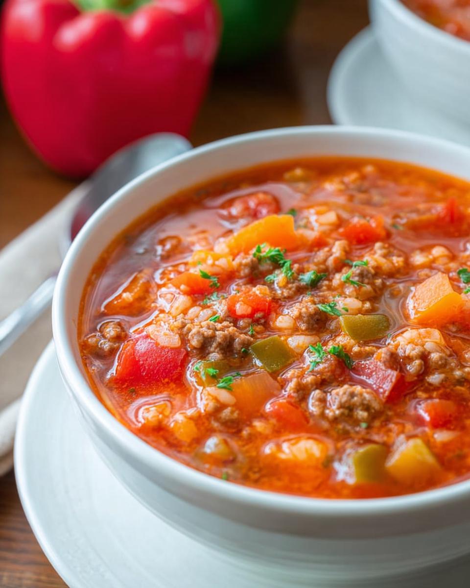 Close-up of a white bowl filled with rich Family Pepper Soup Recipe, featuring ground meat, rice, tomatoes, and peppers.