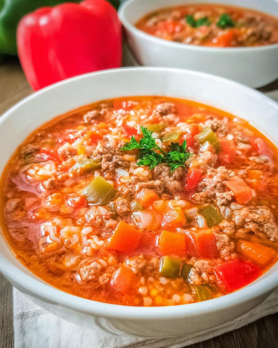 Close-up of a bowl of Family Pepper Soup Recipe with ground meat, rice, and diced peppers in a rich tomato broth.