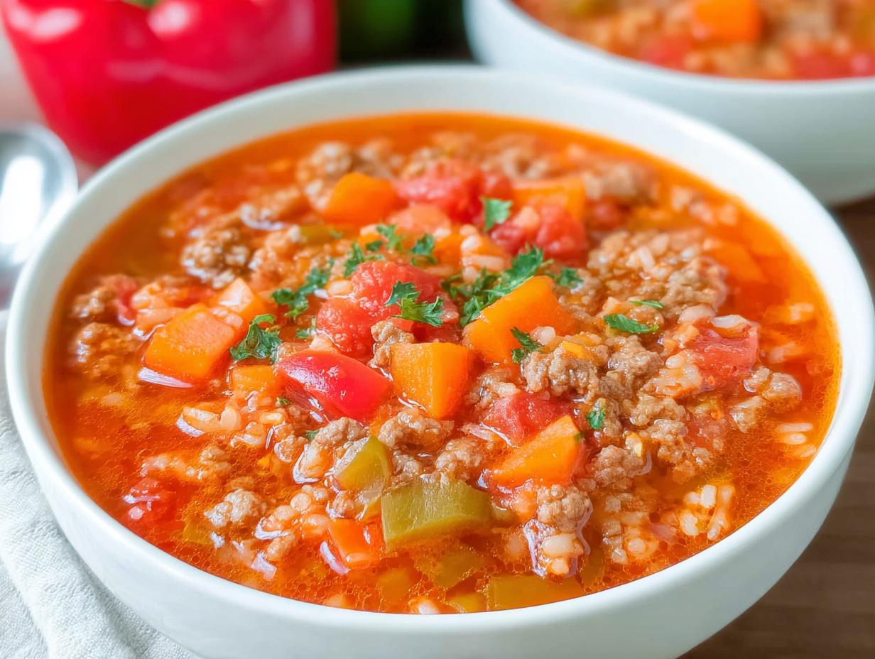 Close-up of a white bowl filled with hearty Family Pepper Soup Recipe, featuring ground meat, rice, carrots, and peppers in a rich tomato broth.
