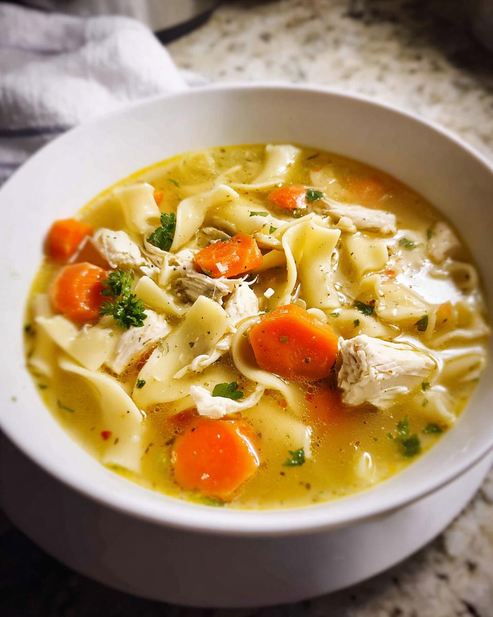 Close-up of a white bowl filled with rich, yellow broth, wide egg noodles, shredded chicken, and bright orange carrots in Family-Style Chicken Noodle Soup.