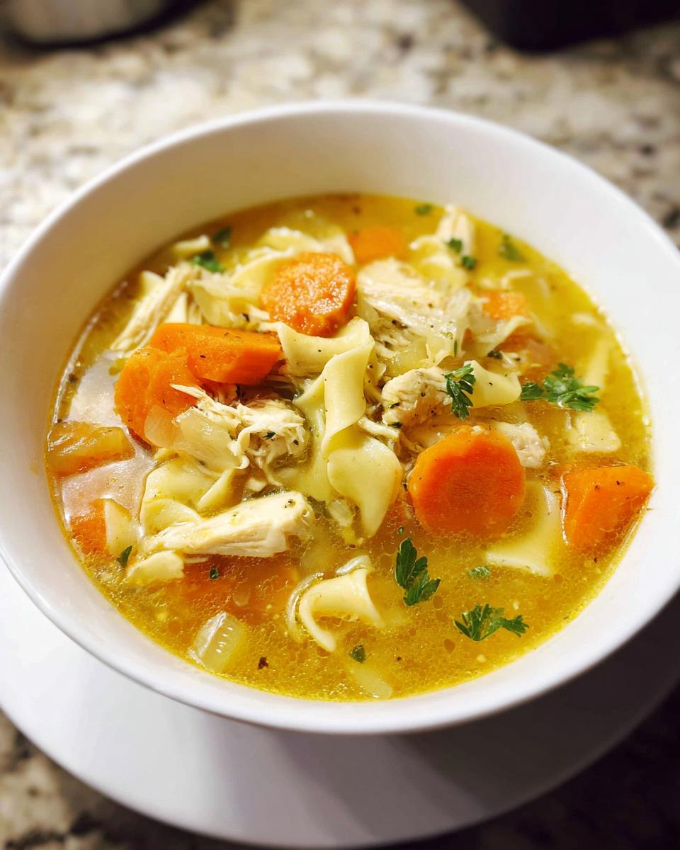 Close-up of a white bowl filled with rich broth, shredded chicken, wide egg noodles, and sliced carrots in Family-Style Chicken Noodle Soup.