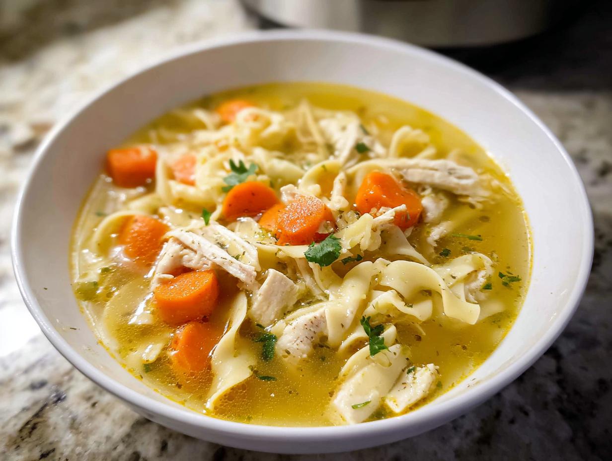 A close-up of a white bowl filled with rich broth, egg noodles, shredded chicken, and bright orange carrots in Family-Style Chicken Noodle Soup.