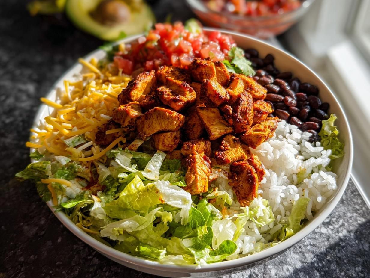 Close-up of a vibrant Chicken Taco Bowl featuring seasoned chicken, rice, black beans, lettuce, and shredded cheese.