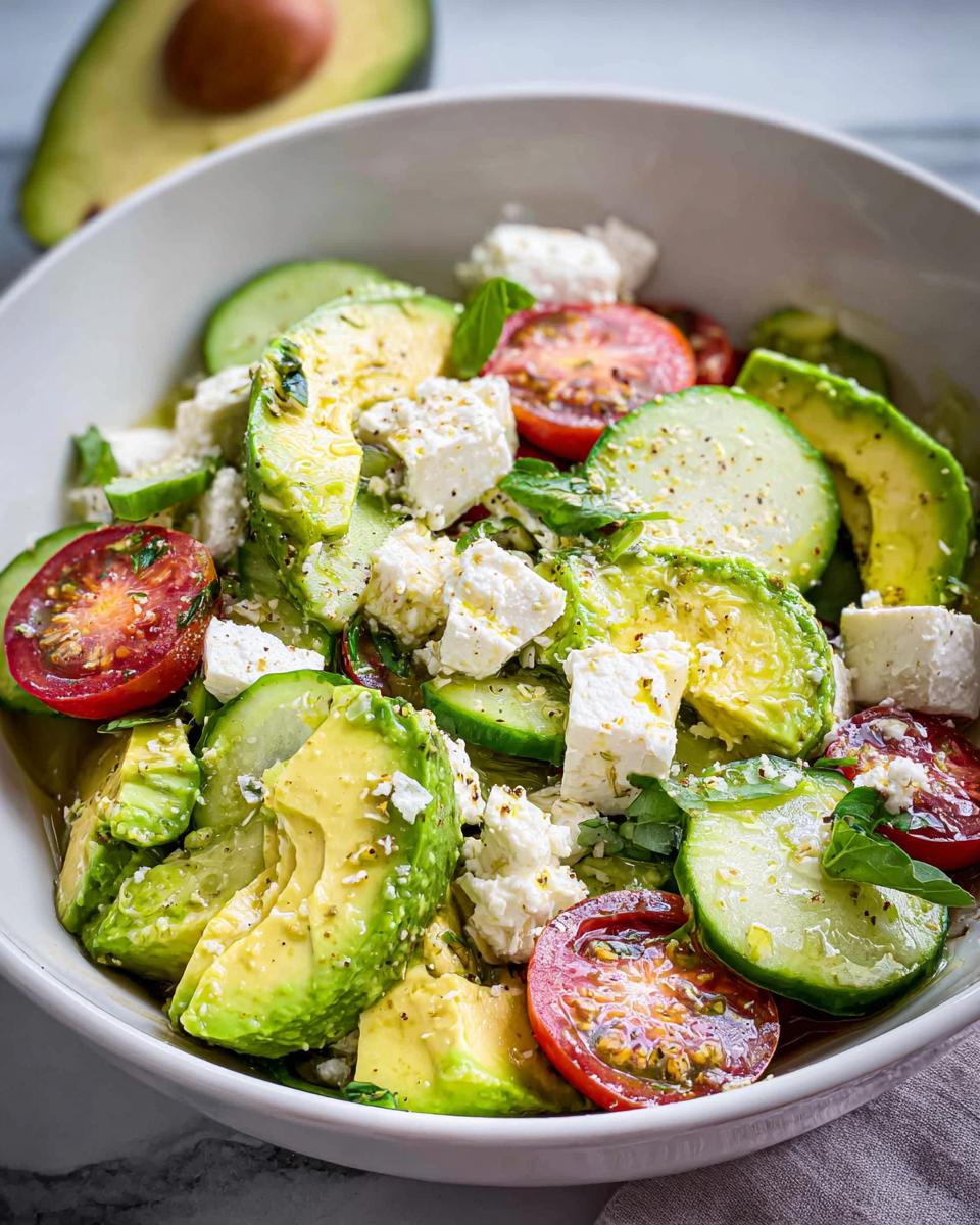 Close-up of a vibrant Feta & Avocado Lunch Bowl featuring sliced avocado, feta cheese cubes, cucumber, and tomatoes.